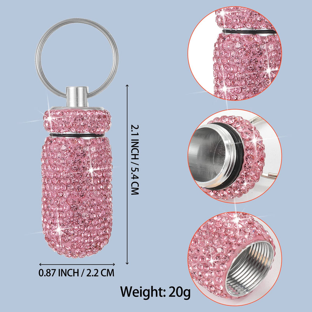 Bling Pill Case Portable Travel Pill Container Bottle Rhinestone Waterproof Small Pill Holder with Keychain Cute Mini Pill Stora