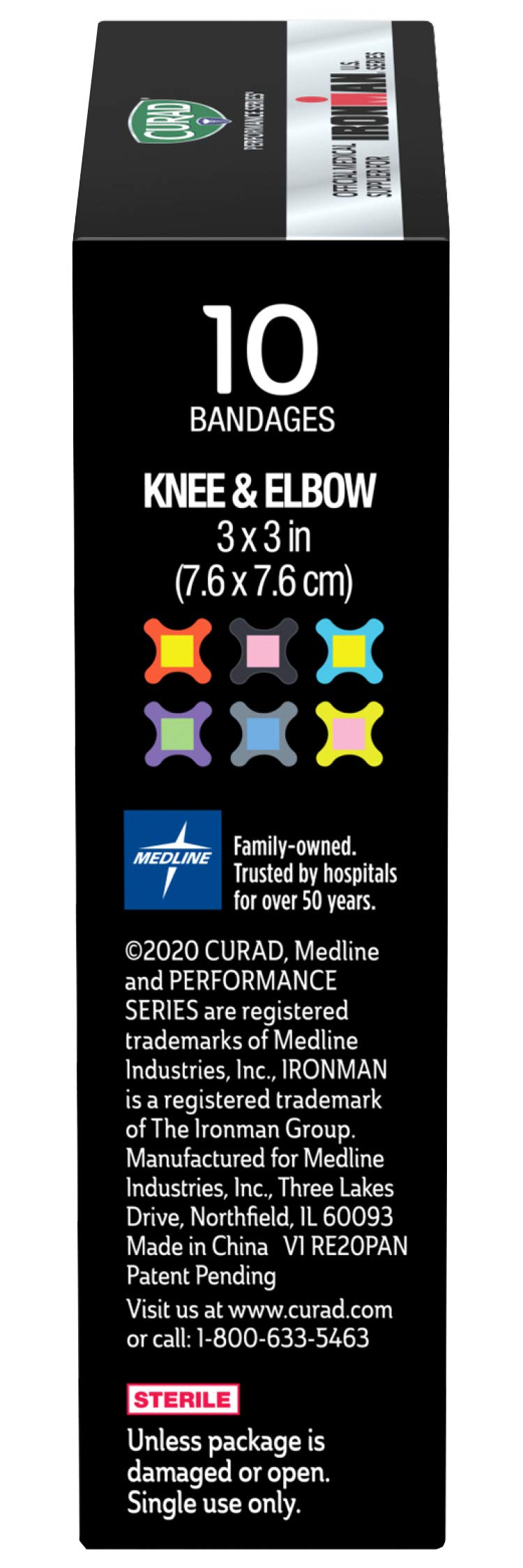 CURAD Performance Series IRONMAN Antibacterial Bandages, Extreme Hold Adhesive Technology, Knee & Elbow 3 inches x 3 inches, 10