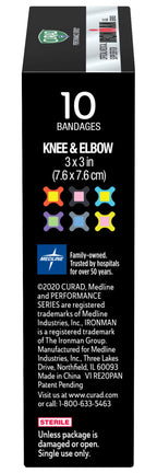 CURAD Performance Series IRONMAN Antibacterial Bandages, Extreme Hold Adhesive Technology, Knee & Elbow 3 inches x 3 inches, 10