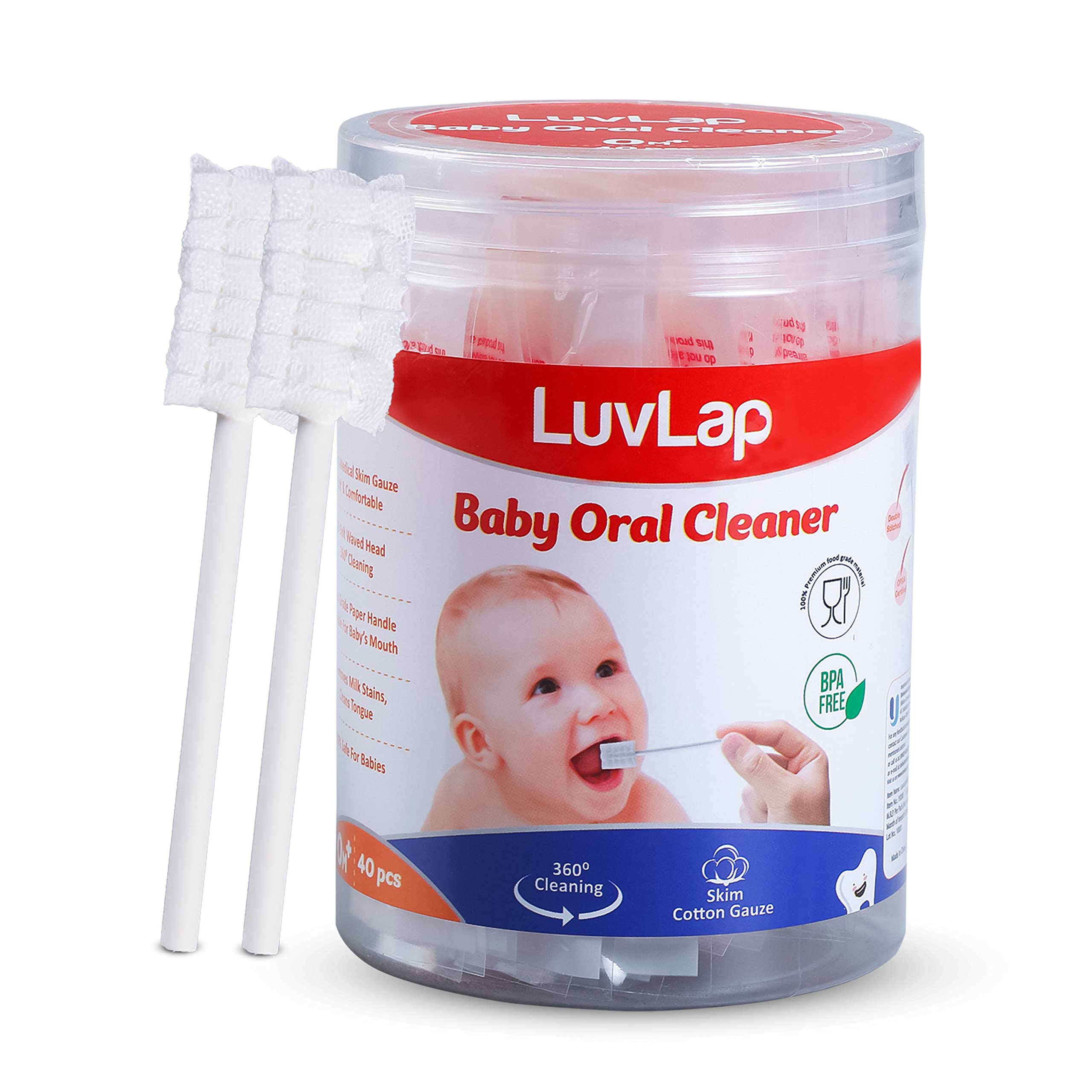 Luvlap 40Pcs Oral Care Disposable Mouth Swabs For Cleaning Tooth, Swabsticks Baby Tongue Cleaning, 036 Months, White