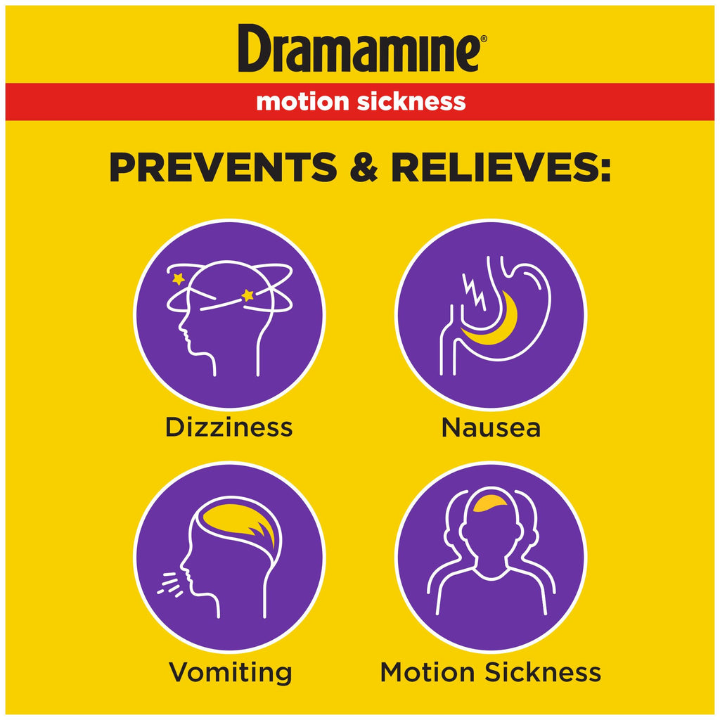Dramamine Chewable Less Drowsy, Motion Sickness Relief, Raspberry Cream Flavor, 12 Count, 2 Pack