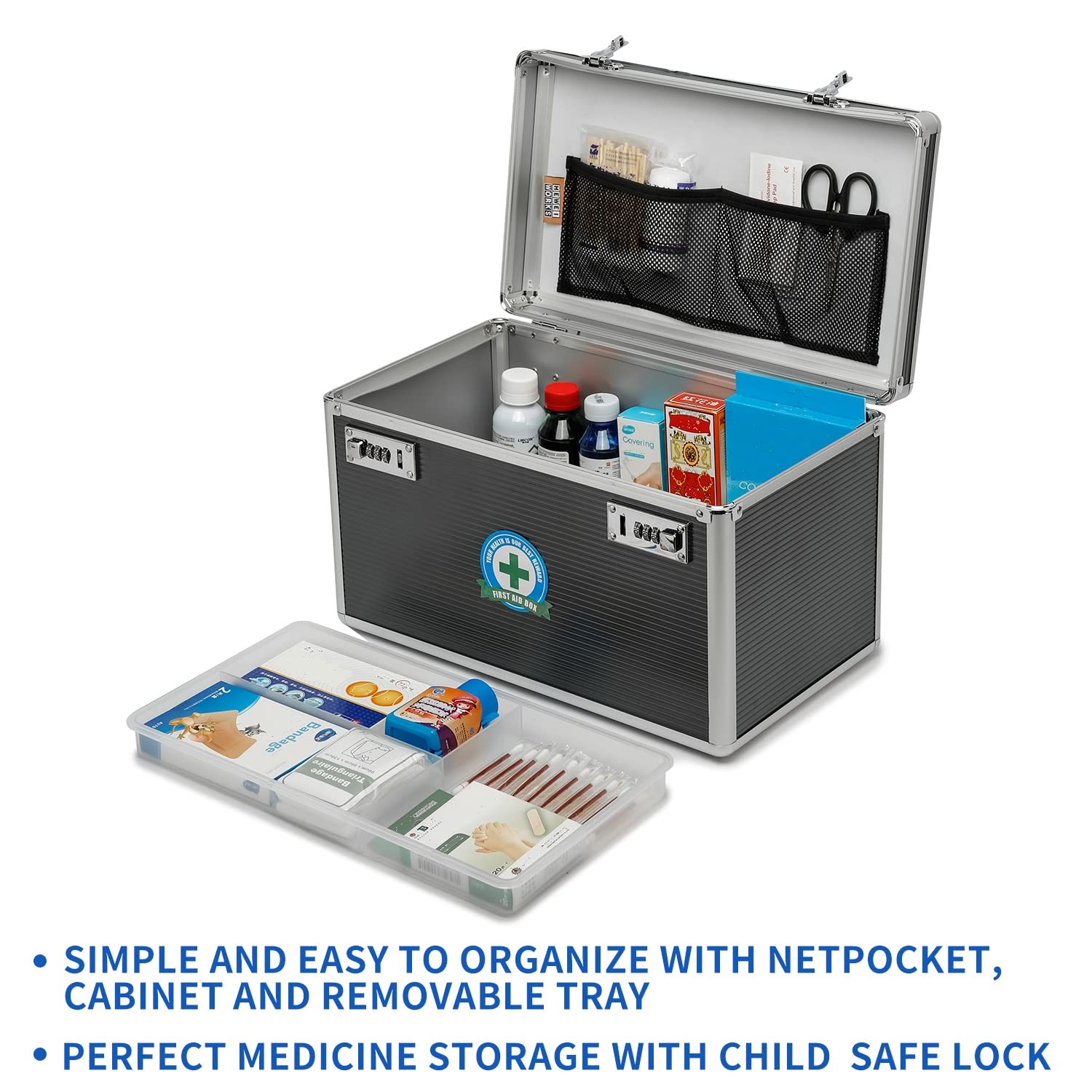 HEWEI WORKS Large capacity Locking Box,Lockable Medication Box with Portable Storage Case, 15 x 8.7 x 9.3 Inch, Childproof Medic