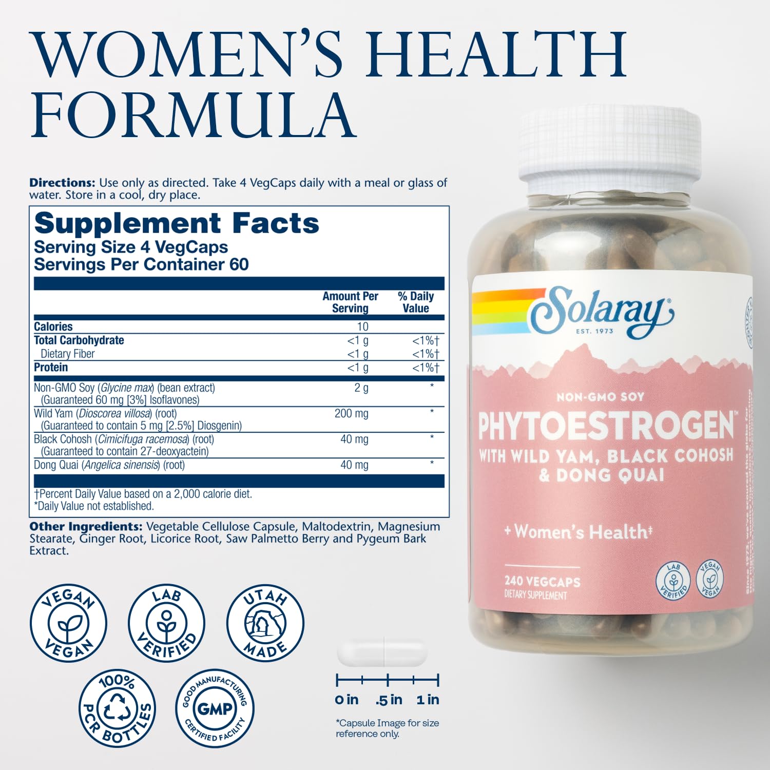 Solaray PhytoEstrogen Menopause Supplements - Wild Yam, Black Cohosh, and Dong Quai Estrogen Pills for Womens Health - Vegan, L