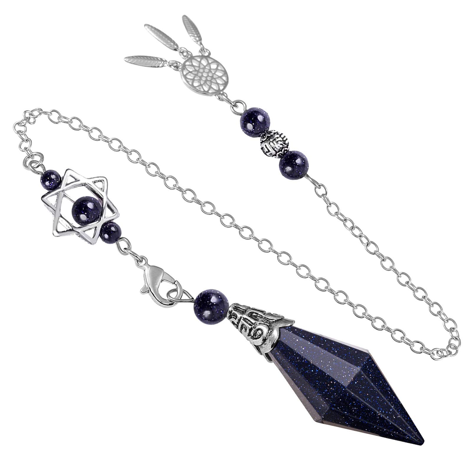 SUNYIK Faceted Healing Crystal Point Pendulum for Divination Pointed Quartz Stone Pendant with Merkaba Star and Dream Catcher, B