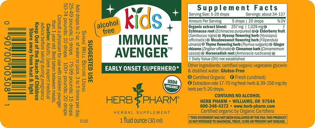 Herb Pharm Kids Certified-Organic Alcohol-Free Immune Avenger Herbal Formula, 1 Ounce