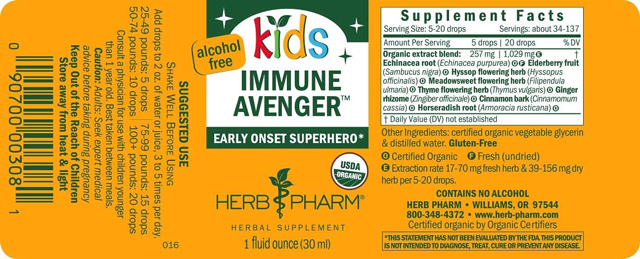Herb Pharm Kids Certified-Organic Alcohol-Free Immune Avenger Herbal Formula, 1 Ounce