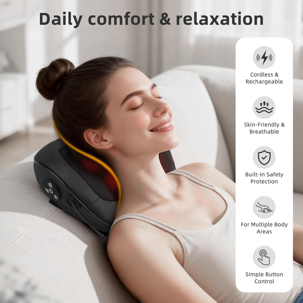 Holniva Shiatsu Car Neck and Back Massager with Heat - Rechargeable Kneading Massage Pillow for Car Seat, Home and Office - Ergo