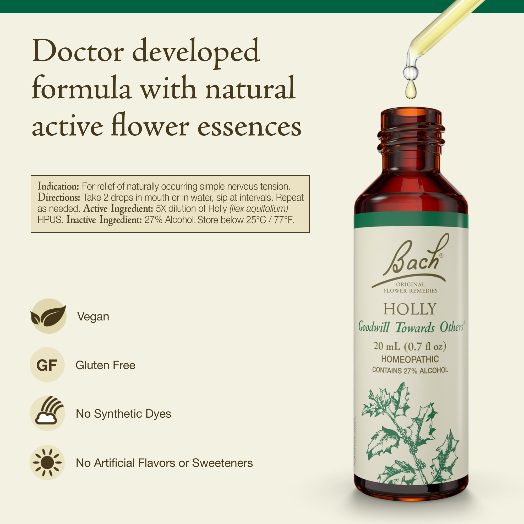 Bach Original Flower Remedies, Holly - Goodwill Towards Others - Natural Homeopathic Flower Essence for Emotional Balance - Vega