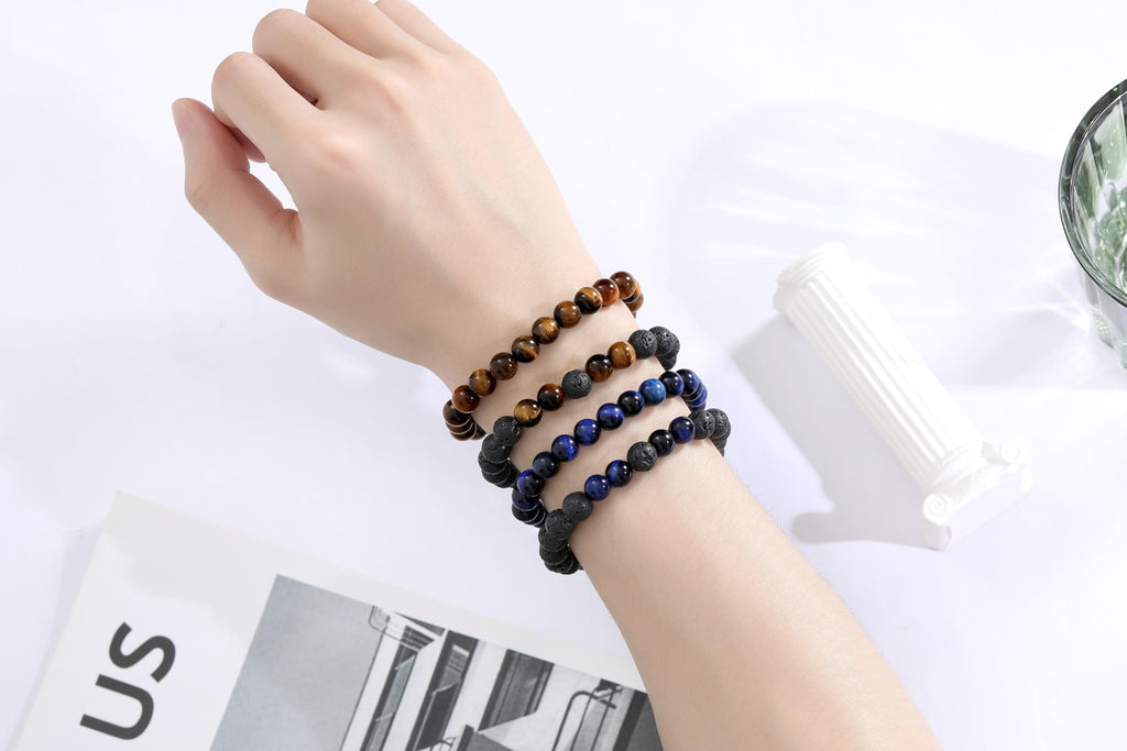 XIANNVXI Blue Crystal Bead Bracelet for Mens 4PC 8mm Natural Stone Beads Bracelets Set Tiger Eye Blue Black Crystal Stretch Bead