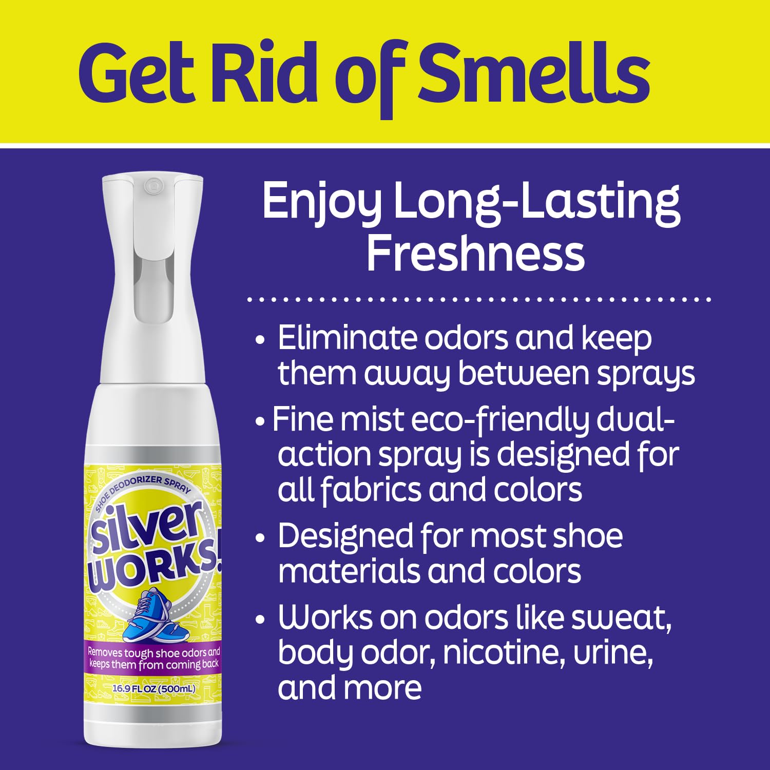 SilverWorks! Shoe Deodorizer Spray For Smelly Shoes - Shoe Odor Elimination Spray - Shoe Odor Spray - Boot, Sneaker, Shoe Smell