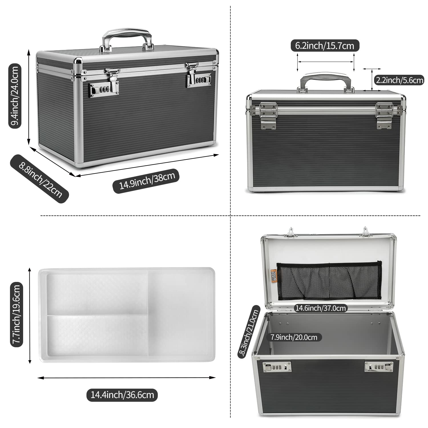 HEWEI WORKS Large capacity Locking Box,Lockable Medication Box with Portable Storage Case, 15 x 8.7 x 9.3 Inch, Childproof Medic