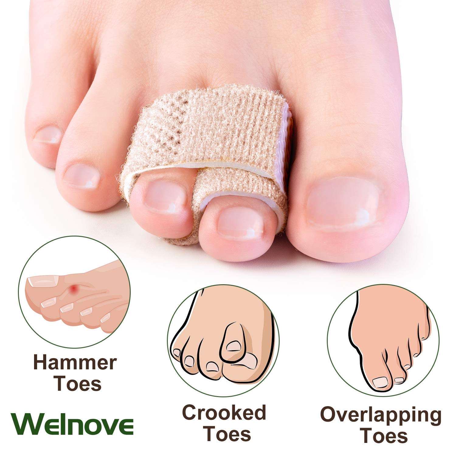 Welnove 6Pcs Hammer Toe Straightener, Hammer Toe Splints, Toe Cushioned Bandages for Correcting Hammer Toes, Broken Toes, Crooke