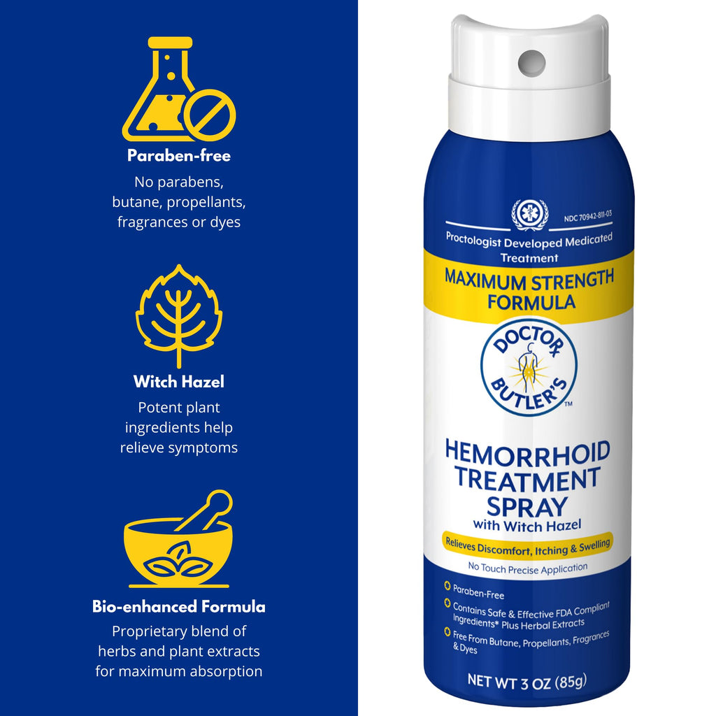 Doctor Butlers Hemorrhoid Spray - Hemorrhoid Treatment and Medicated Cleansing Solution with Witch Hazel and Aloe Vera to Help