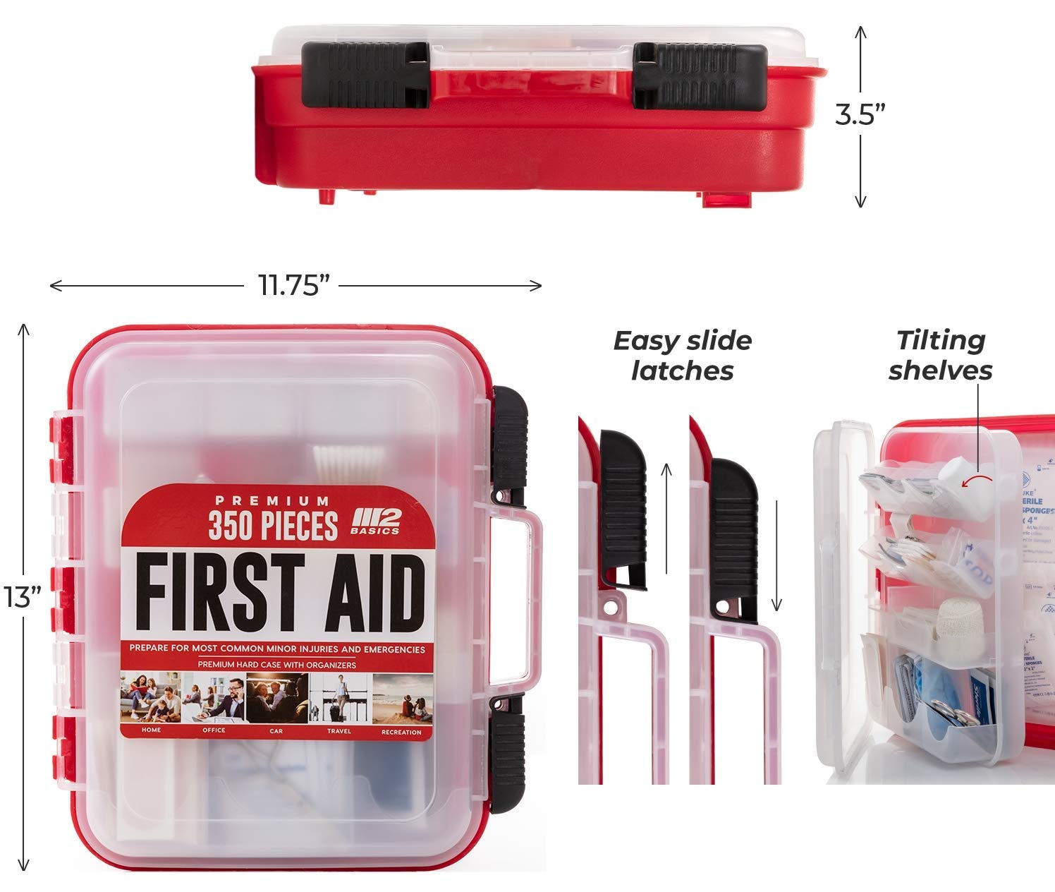 M2 BASICS Professional 350-Piece First Aid Kit - First Aid Kit for Car, Home, Office, Business & Vehicles - Organized Dual-Layer