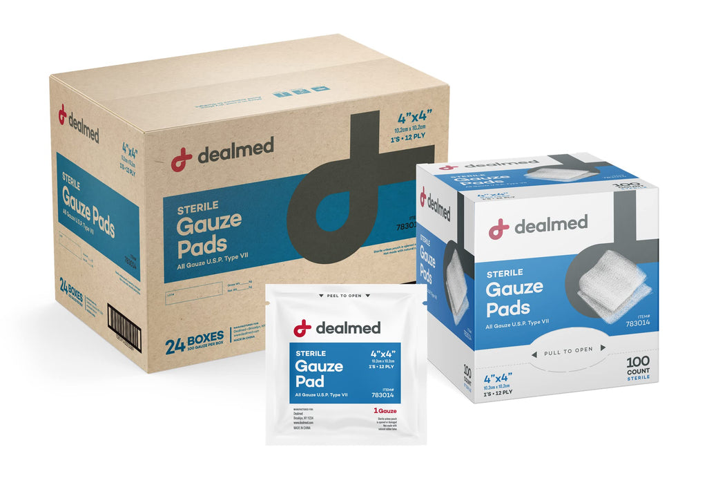 Dealmed Sterile Gauze Pads - 100 Count (Case of 12), 4 x 4 Gauze Pads, Disposable and Individually Wrapped Medical Gauze Pads, W