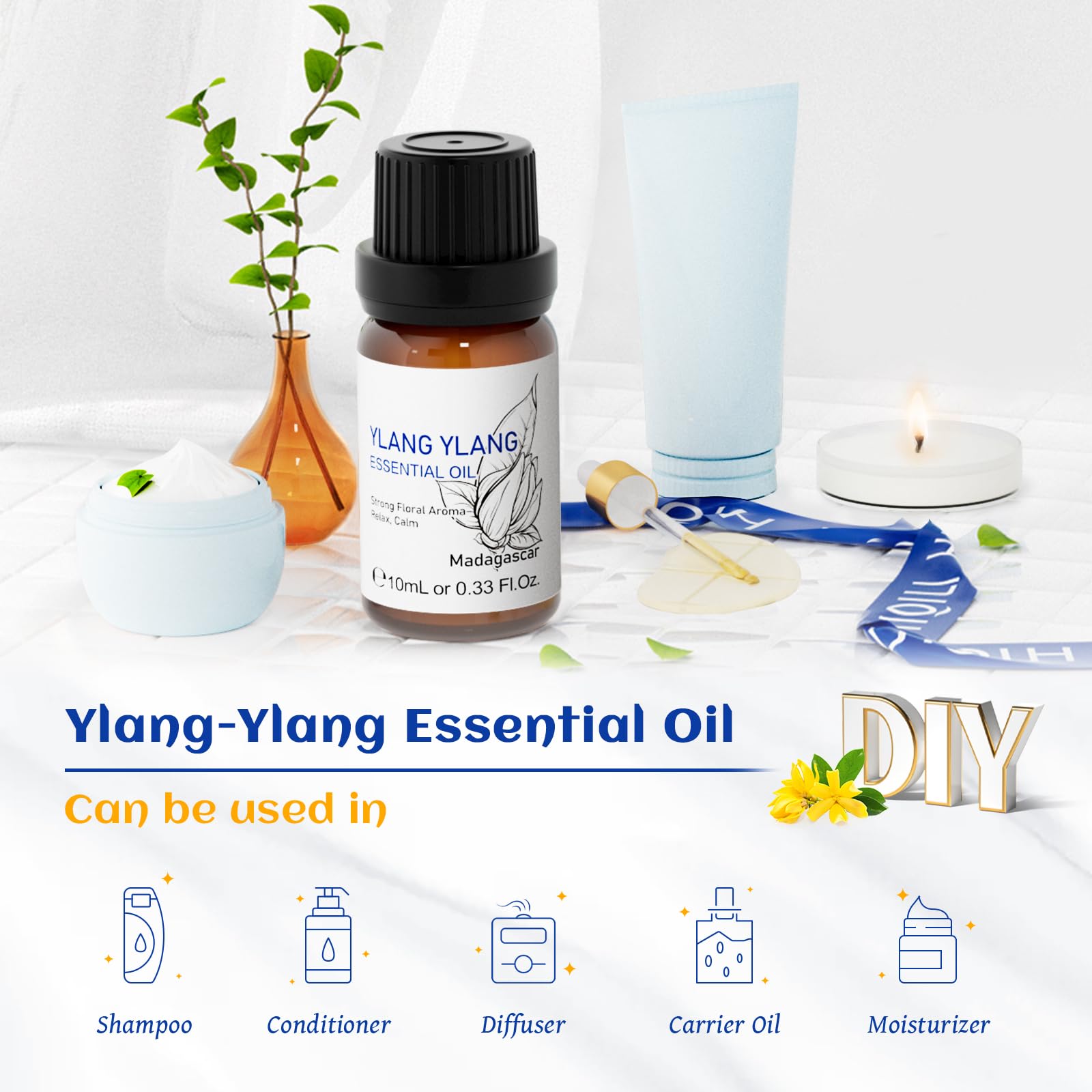 HIQILI 0.33 Fl Oz Ylang-Ylang Essential Oil, Long-Lasting Scent for Diffusers, Perfumes, Aromatherapy, DIY - 10 ML