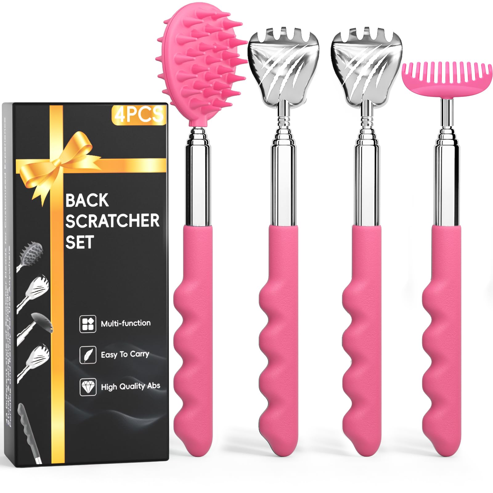 4Pack Telescoping Back Scratcher with Different Heads, Gifts for Christmas, Stocking Stuffers Birthday Gifts for Men, Women, Him