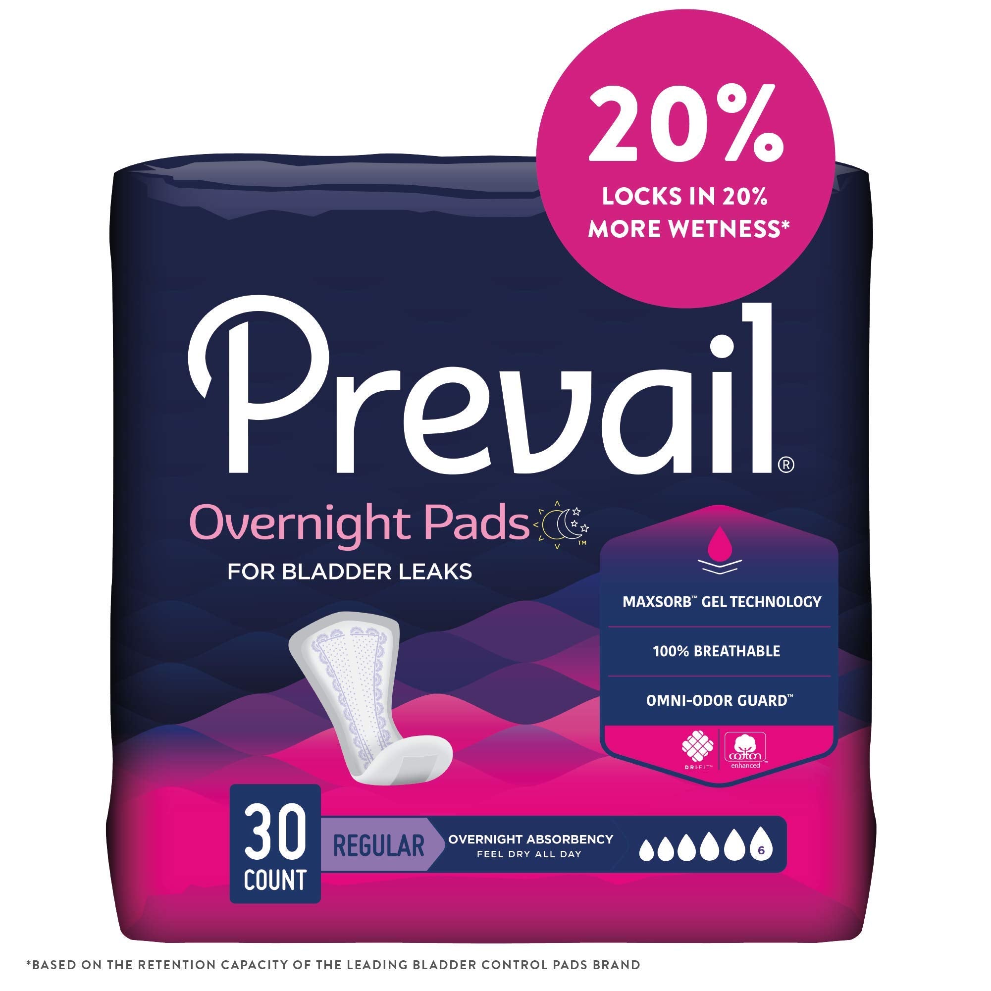 Prevail Incontinence Bladder Control Pads for Women, Overnight Absorbency, Regular Length, 30 count