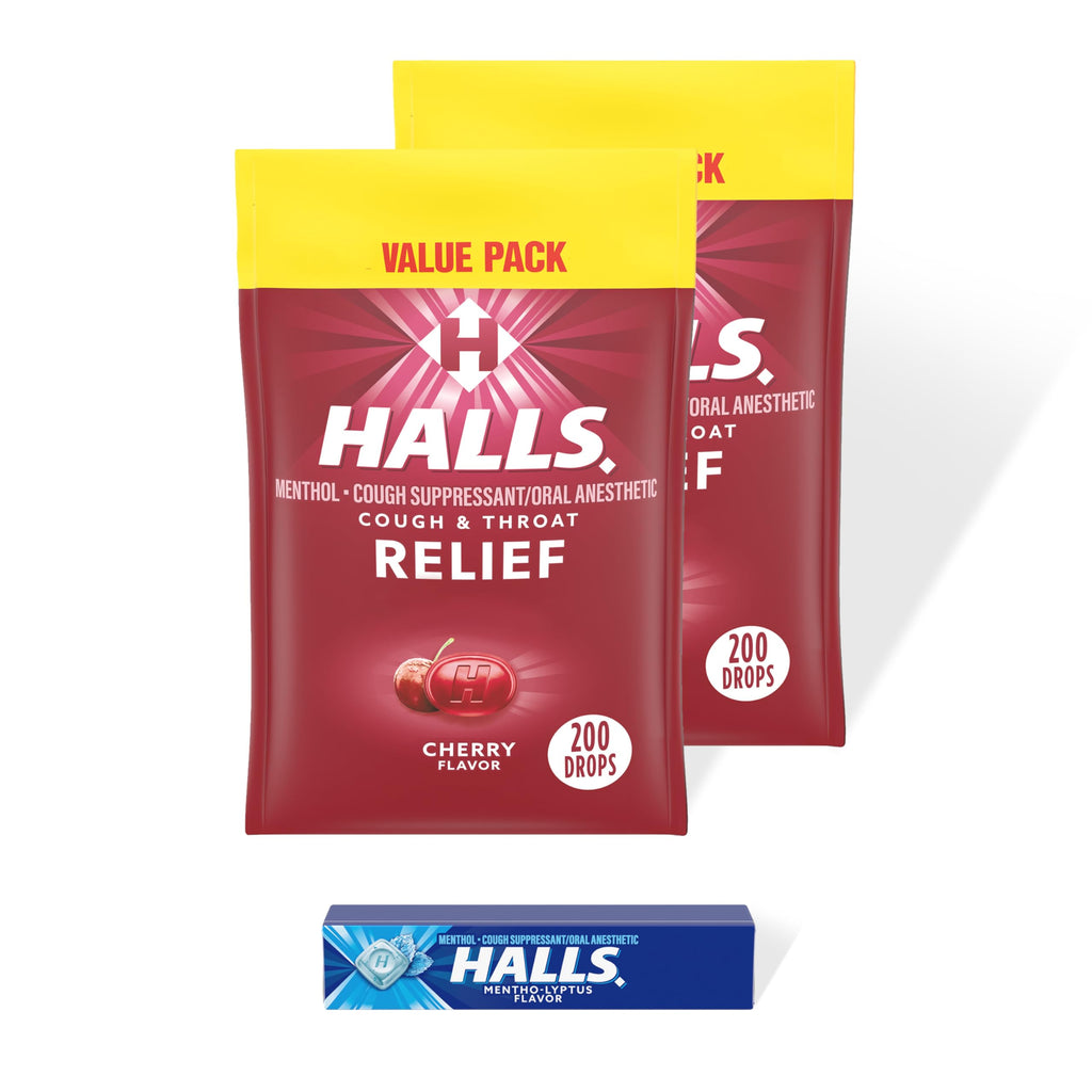 HALLS Relief Cherry Cough Drops, 2 Value Packs of 200 Drops (400 Total Drops) + Bonus 9 Count HALLS Relief Mentho-Lyptus Cough D