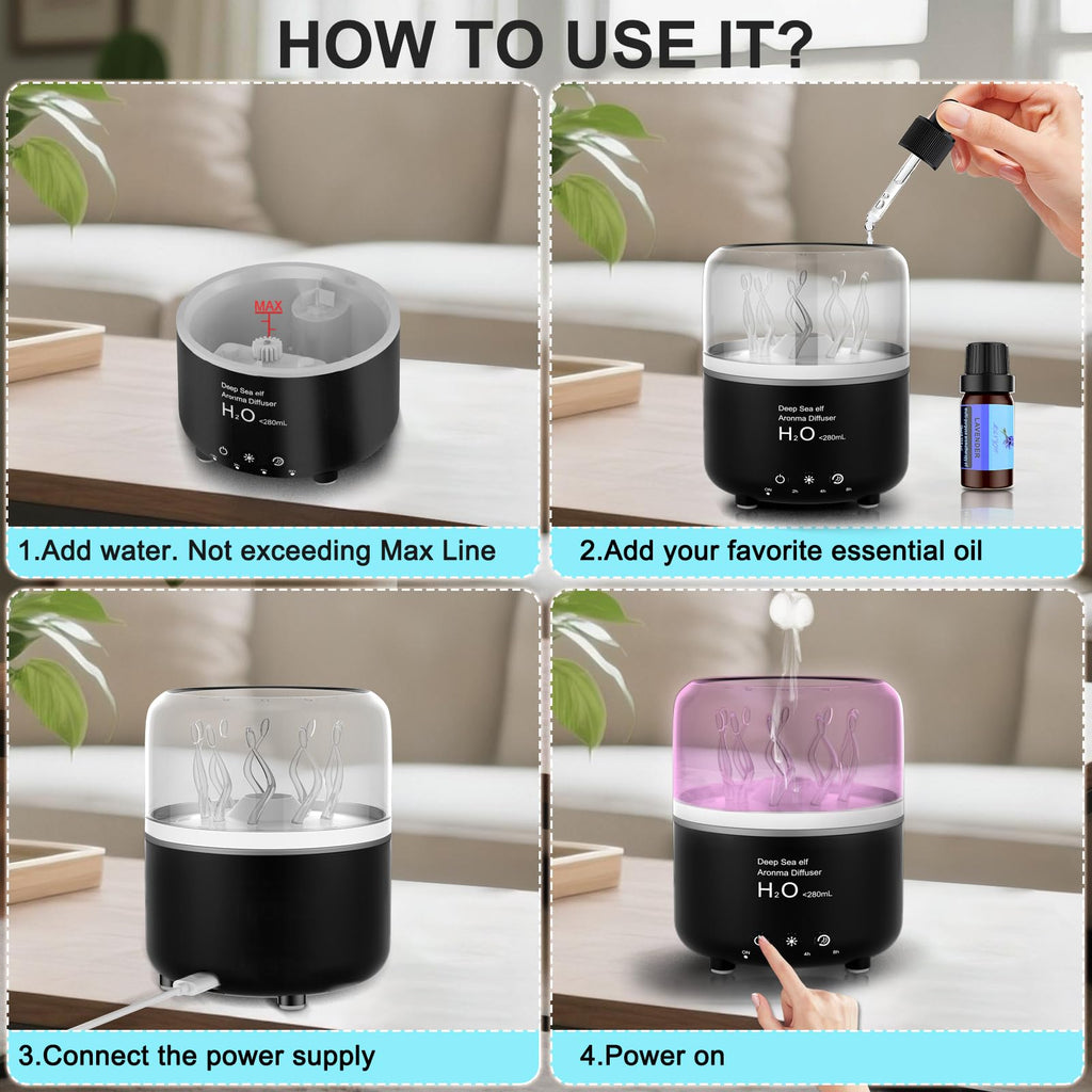 Morbou Essential Oil Diffuser with Jellyfish Spray & Sea Anemone Rotation, 280ml Ultrasonic Aromatherapy Machine,7-Color LED Nig