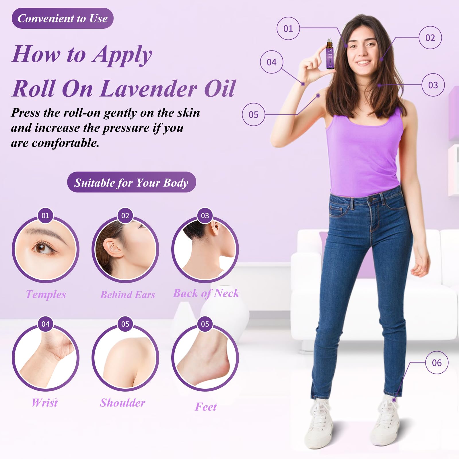 Mumianhua Lavender Essential Oil Roll-On Therapeutic Grade, Pre-Diluted Lavender Oil for Relaxation, Focus Pulse Points, Pillow,