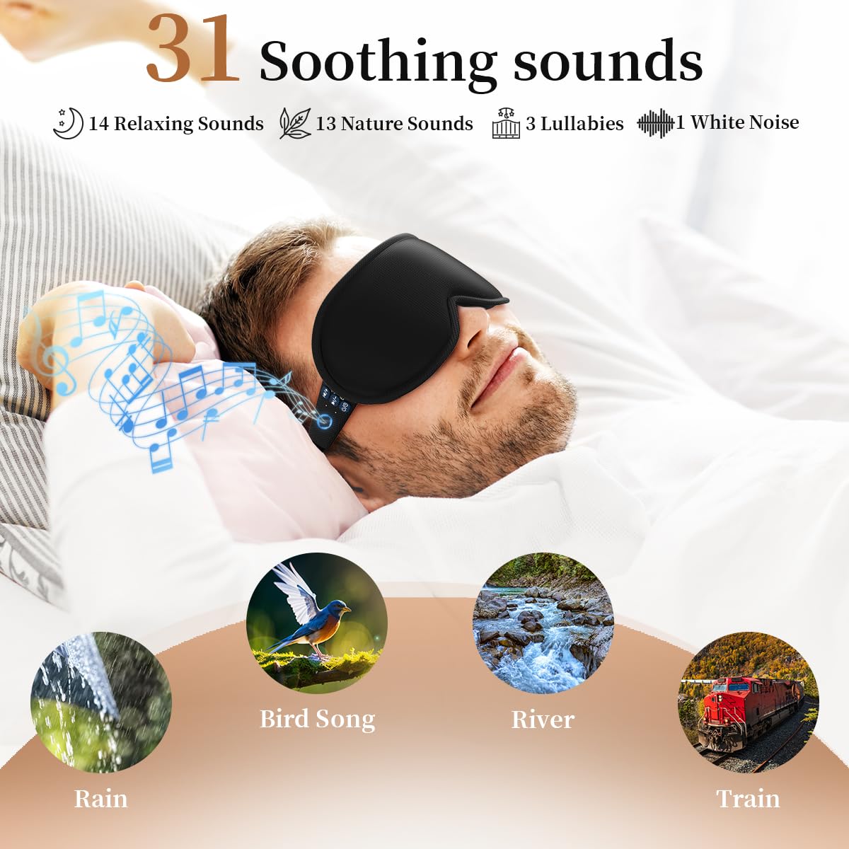 Easysleep 3D Sleep Mask Sleep Headphones White Noise Sleep Eye Mask with 31 Soothing Sounds 3 Timer Soft Adjustable Light Blocki
