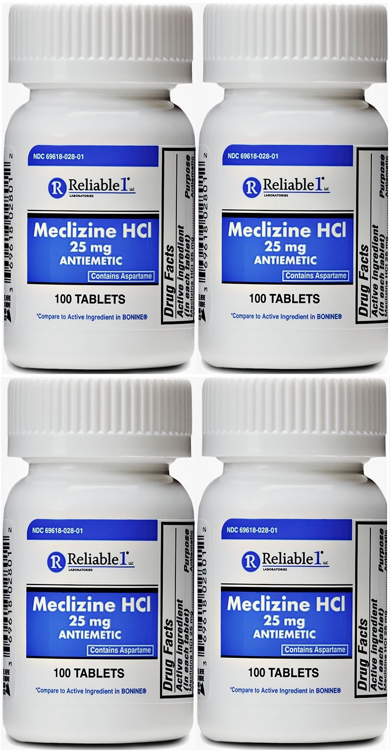 RELIABLE 1 LABORATORIES Meclizine 25 mg Generic Bonine Motion Sickness (100 Chewable Tablets, 4 Bottles) - Prevent nausea, vomit