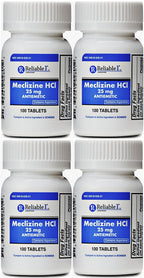 RELIABLE 1 LABORATORIES Meclizine 25 mg Generic Bonine Motion Sickness (100 Chewable Tablets, 4 Bottles) - Prevent nausea, vomit