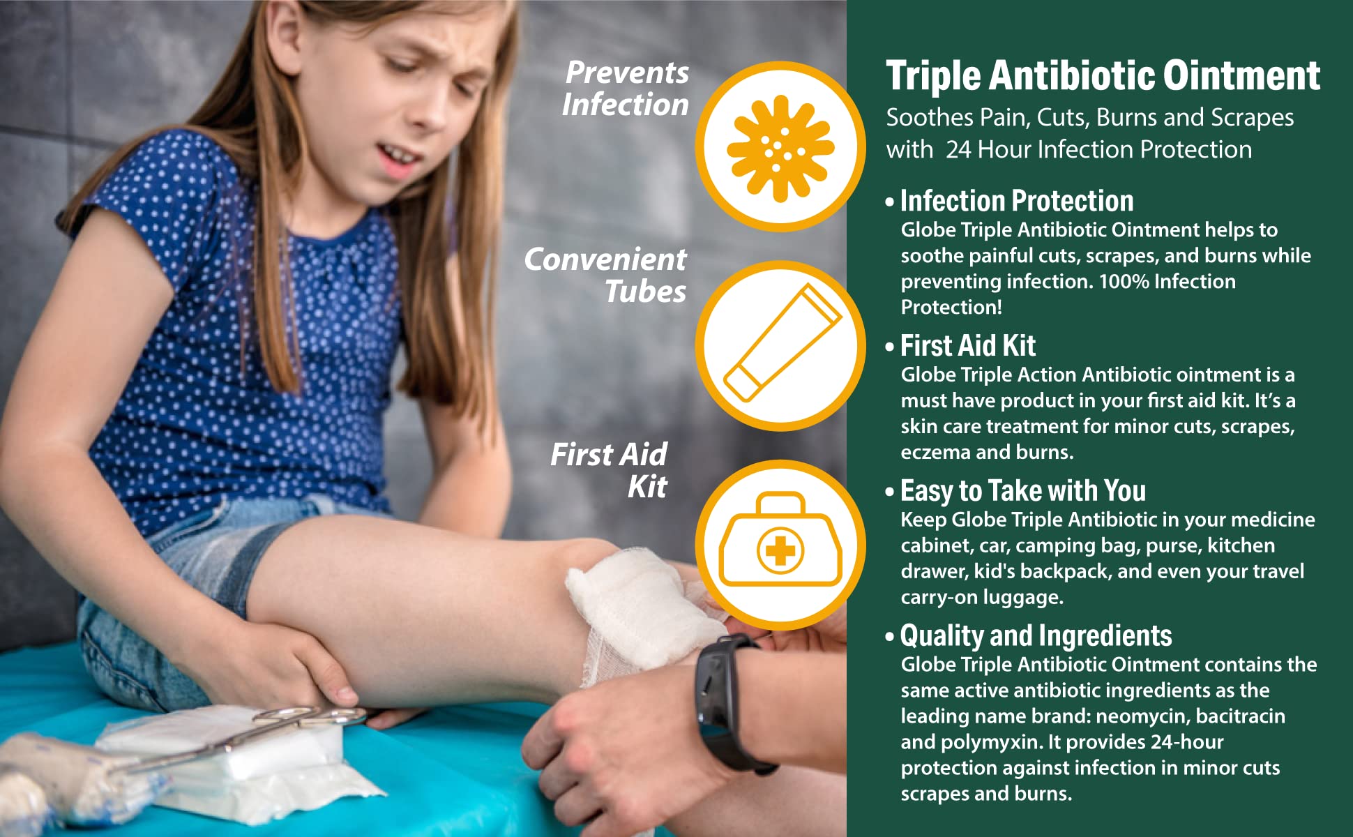 Globe (2 oz Triple Antibiotic First Aid Antibiotic Ointment, 24-Hour Infection Protection, Wound Care Treatment for Minor Scrape