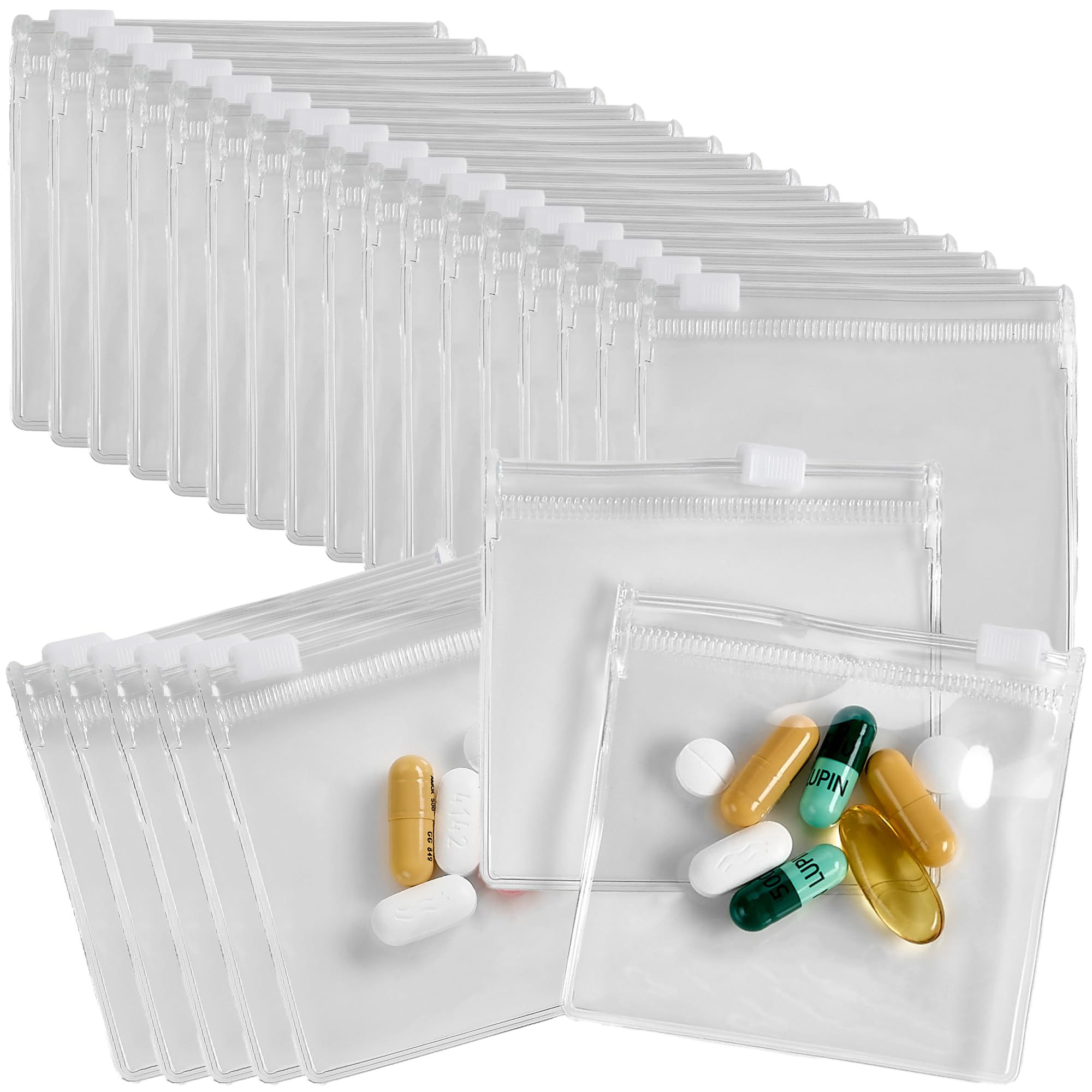 Zippered Pill Pouch Bags - 24 Pcs, Slide Lock Clear Plastic Mini Bags, BPA-Free for Pills Vitamins, Supplements, Medications, Je