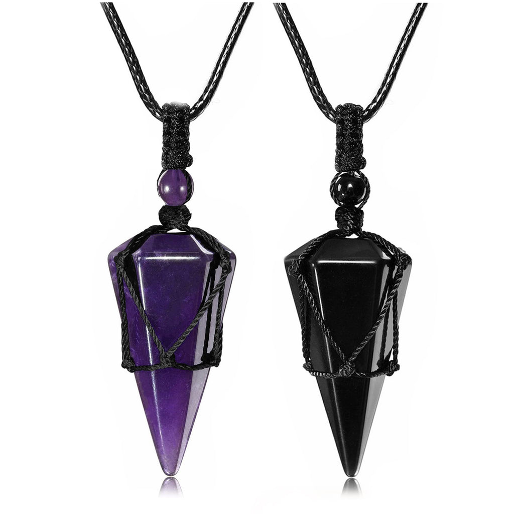 Top Plaza 2pcs Amethyst Black Obsidian Healing Crystal Stone Necklace for Women Men 6 Facet Pointed Pendant Necklaces Adjustable
