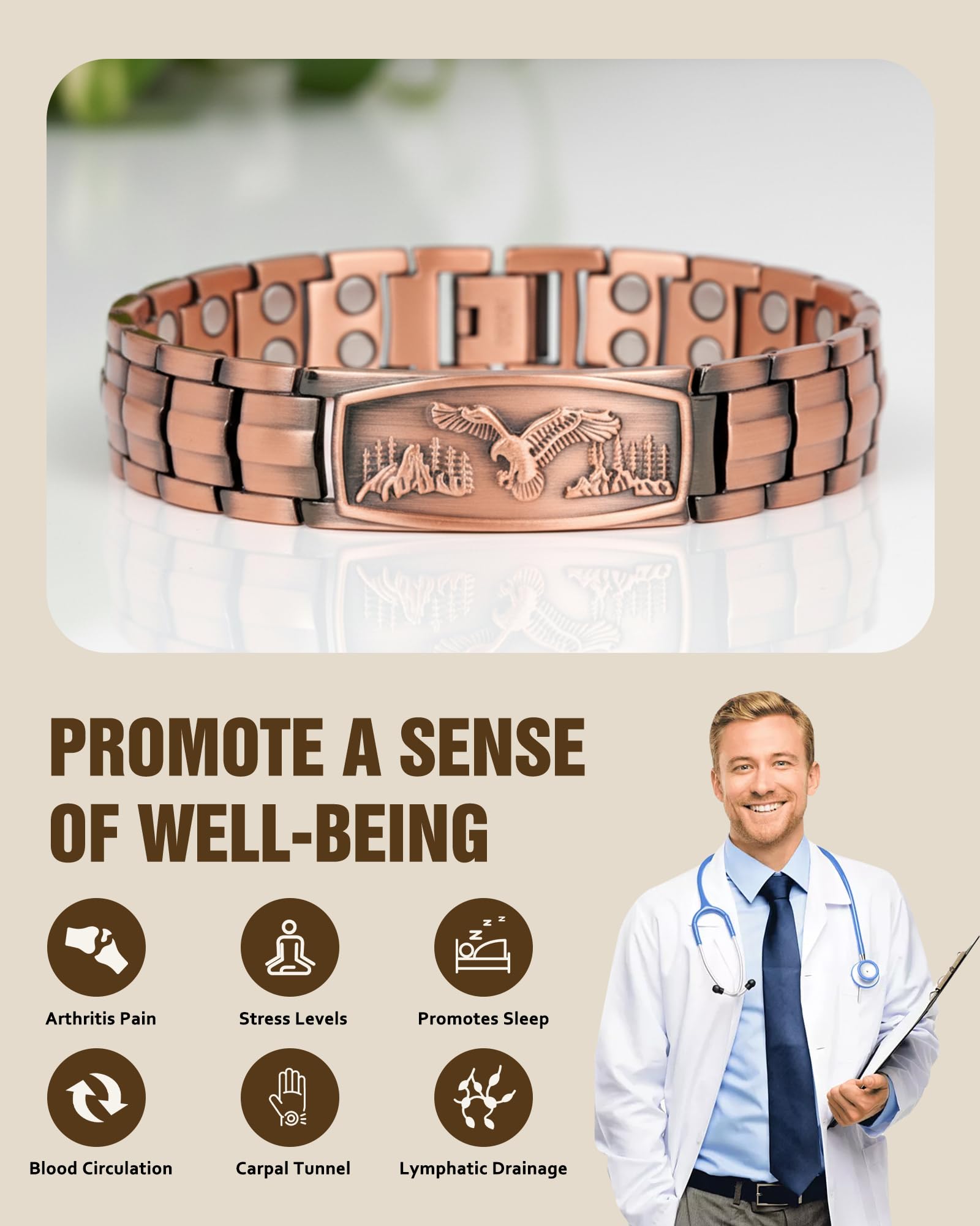 Jecanori Pure Copper Bracelet for Men, 2X Strength Magnetic Bracelets for Men, Ideal Gift