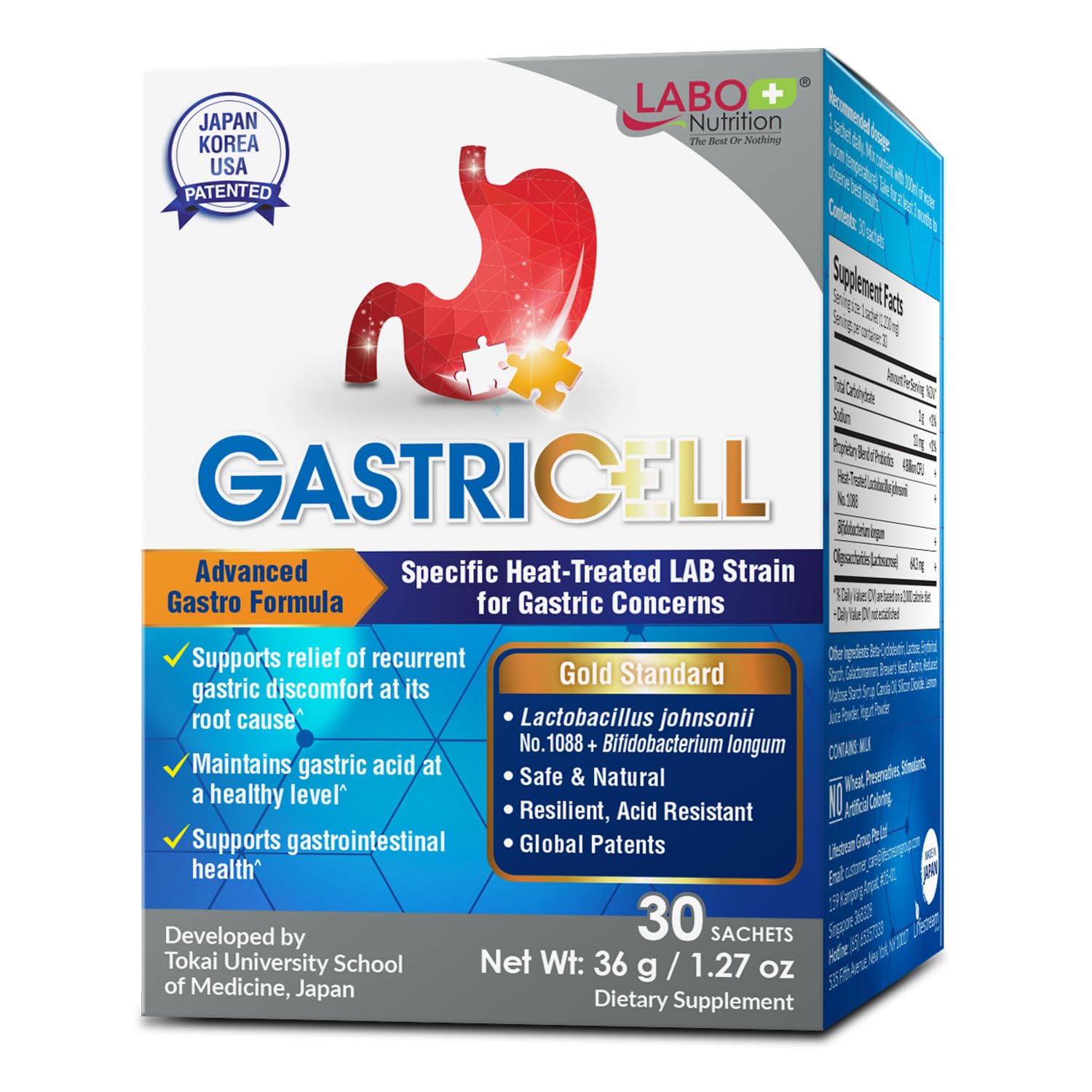 LABO Nutrition GASTRICELL - Acid Reflux, Heartburn, Recurring Gastric Discomfort, Natural Defence Against Gastric Distress 30 sa