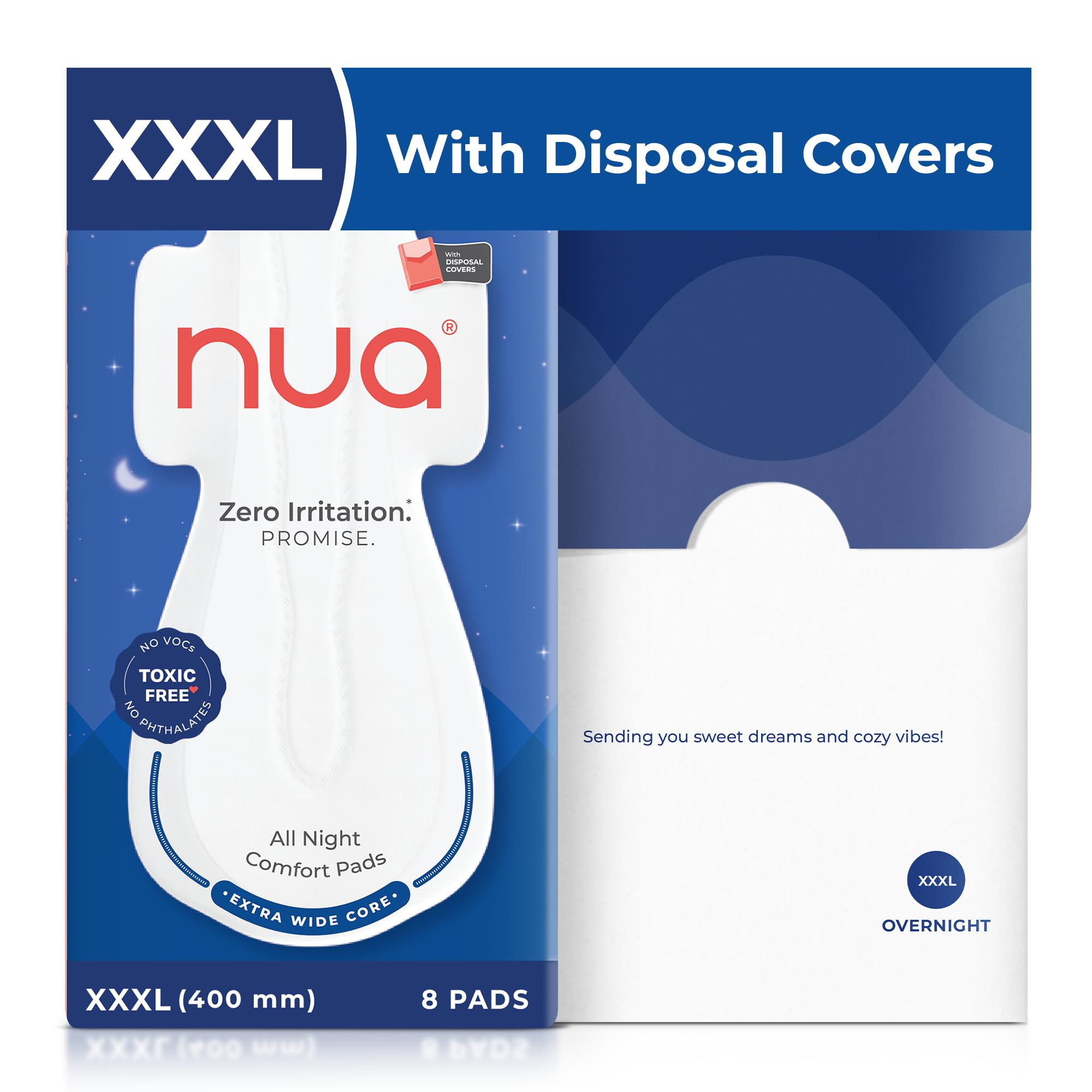 Nua All Night Comfort Sanitary Pads | Pack Of 8 (Xxxl 400Mm) | Extra Wide Core | Front To Back Coverage | Upto 12 Hours Of Absor