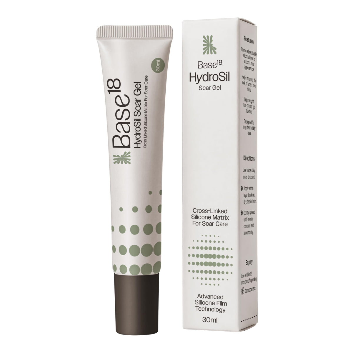 Base18 HydroSil Scar Gel 30ml | 7 Actives in Silicone with Niacinamide, Ectoin & Madecassoside | QuickDrying MedicalGrade Sili