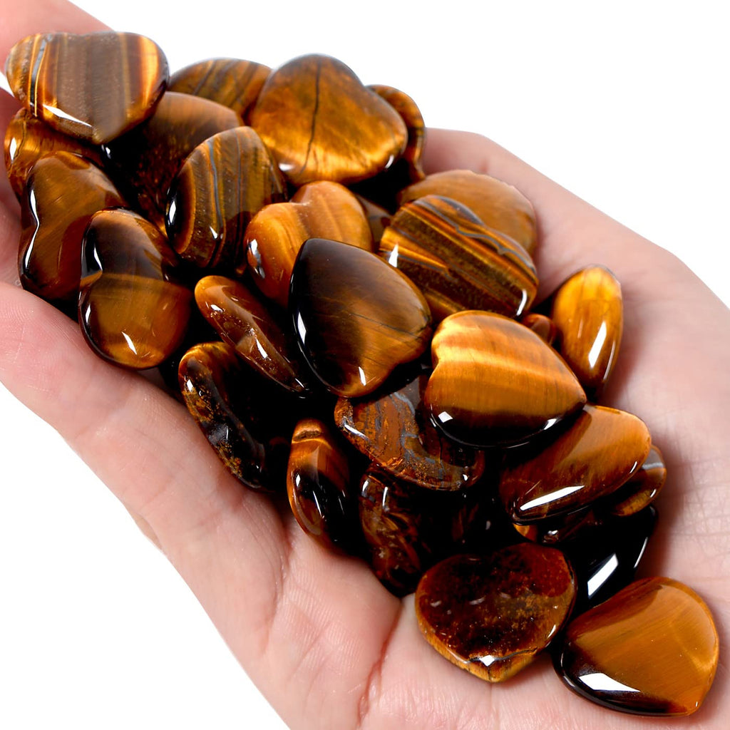 QINJIEJIE 20 PCS Natural Heart Healing Crystals Tigers Eye Polished Crystal Stones Mini Cute Pocket Palm Love Gemstones Set Bulk