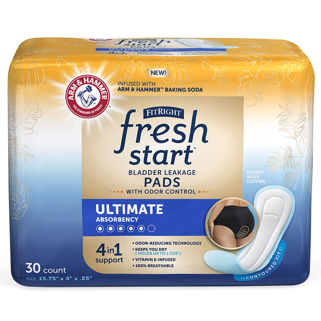 FitRight Fresh Start Postpartum and Incontinence Pads for Women, Ultimate Absorbency (30 Count) Bladder Leakage Pads with The Od