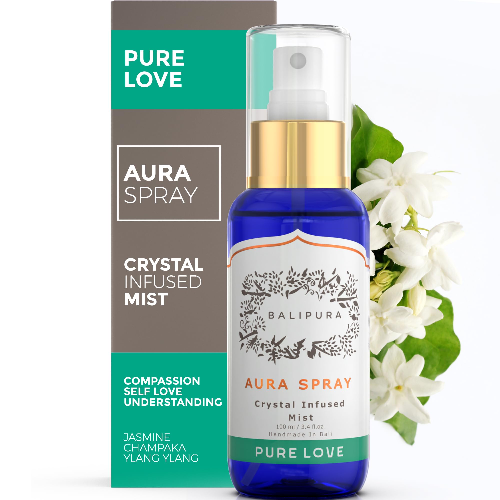 BALIPURA Pure Love Aura Spray - Organic Jasmine & Ylang Ylang Essential Oils - Attraction Mist with Quartz Crystals - Aromathera