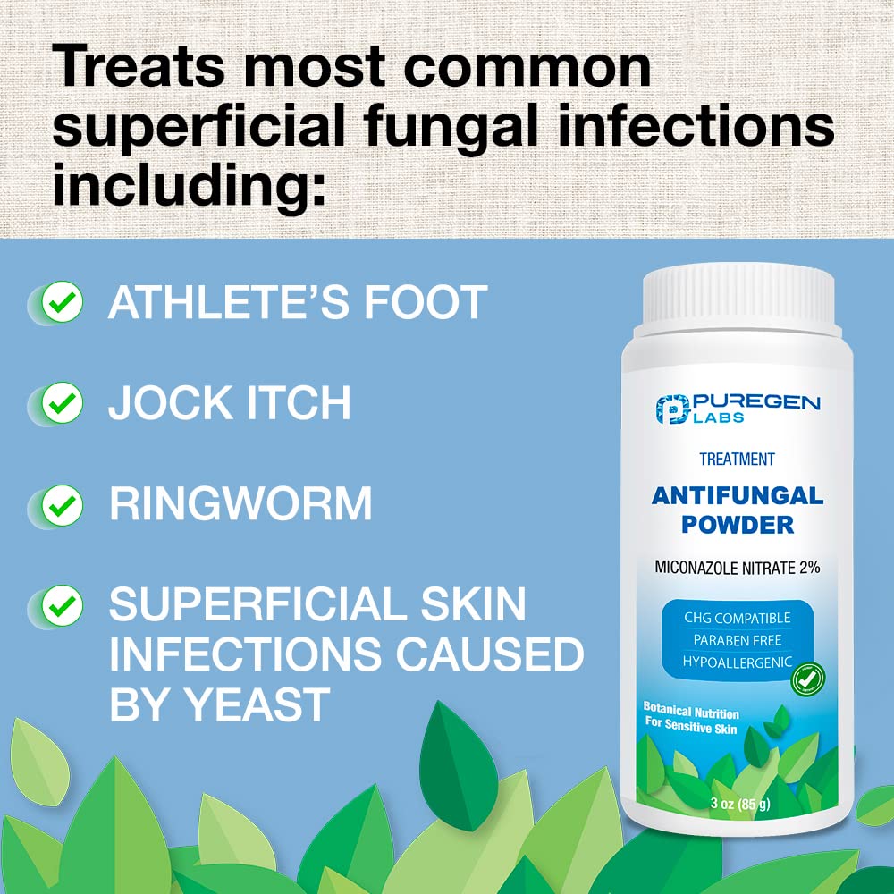 Puregen Labs Antifungal Powder with 2% Miconazole Nitrate for Common Fungal Infections Including Athletes Foot, Jock Itch and Ri