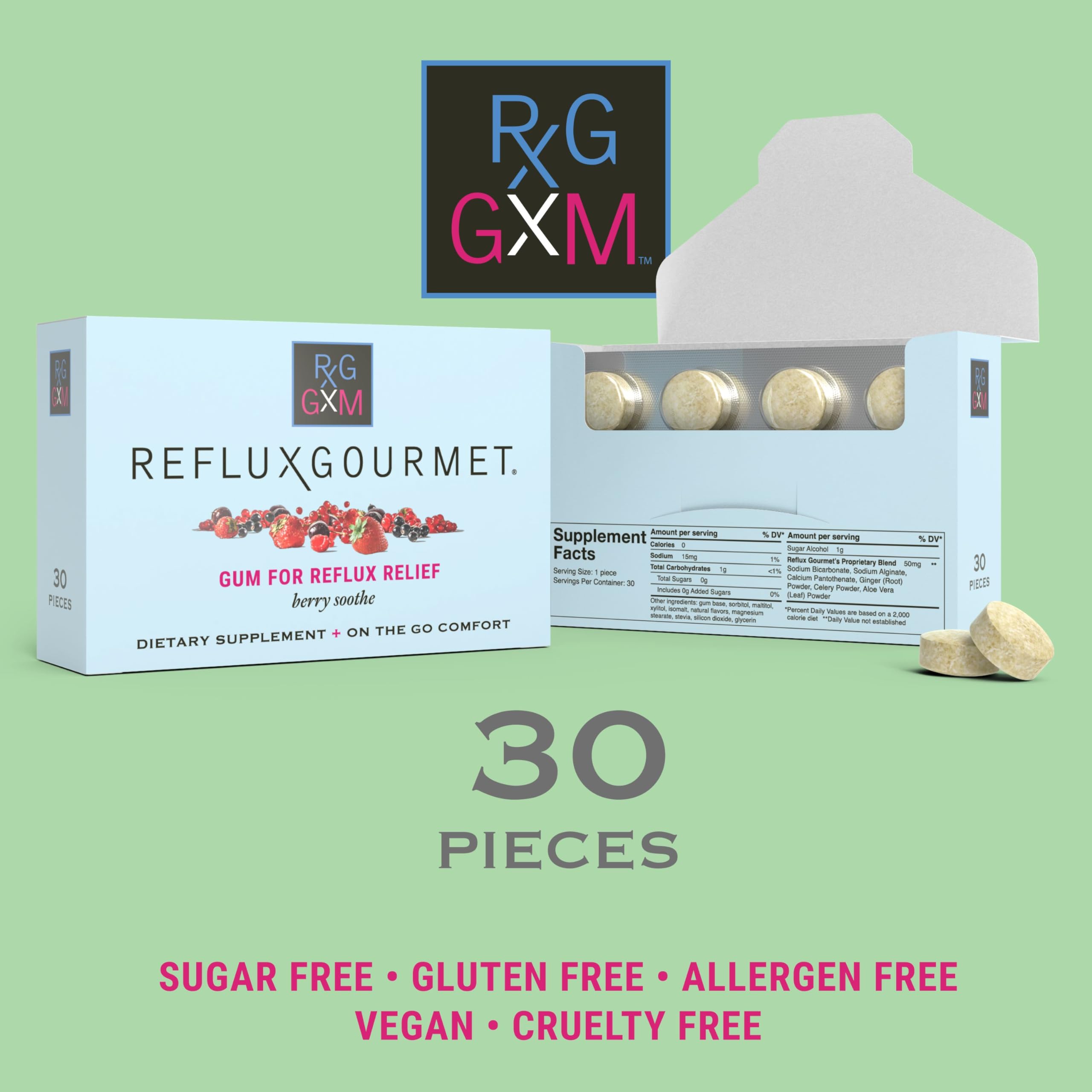 Reflux Gourmet Berry Soothe Gum Alginate Therapy Sodium Bicarbonate Gum for Acid Reflux, Oral, Cognitive, and Digestive Support,