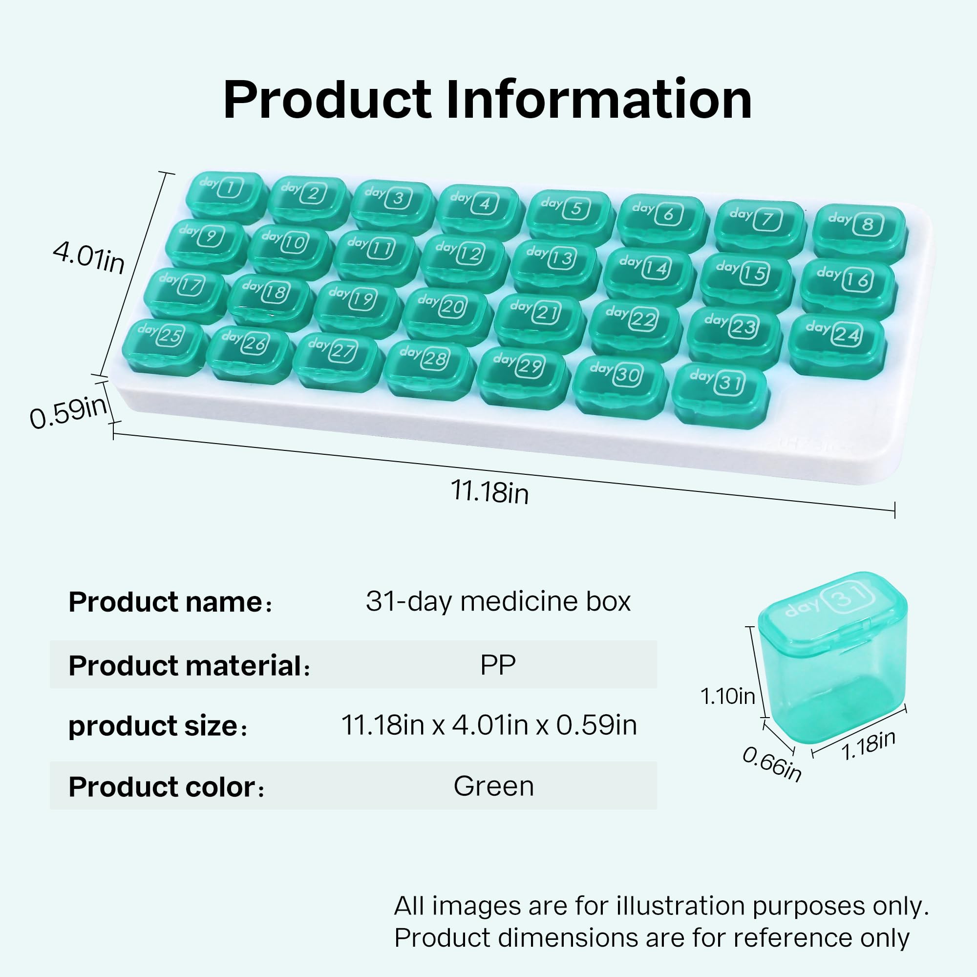 UHZBTEC Monthly 31 compartments Pill Organizer Day Pill Organizer for Medicine Vitamin Holder Container (Green)