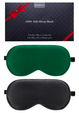 BeeVines Sleep Mask, 2 Pack 100% Real Natural Pure Silk Eye Masks with Adjustable Strap for Sleeping, Mulberry Silk Eye Shade Co