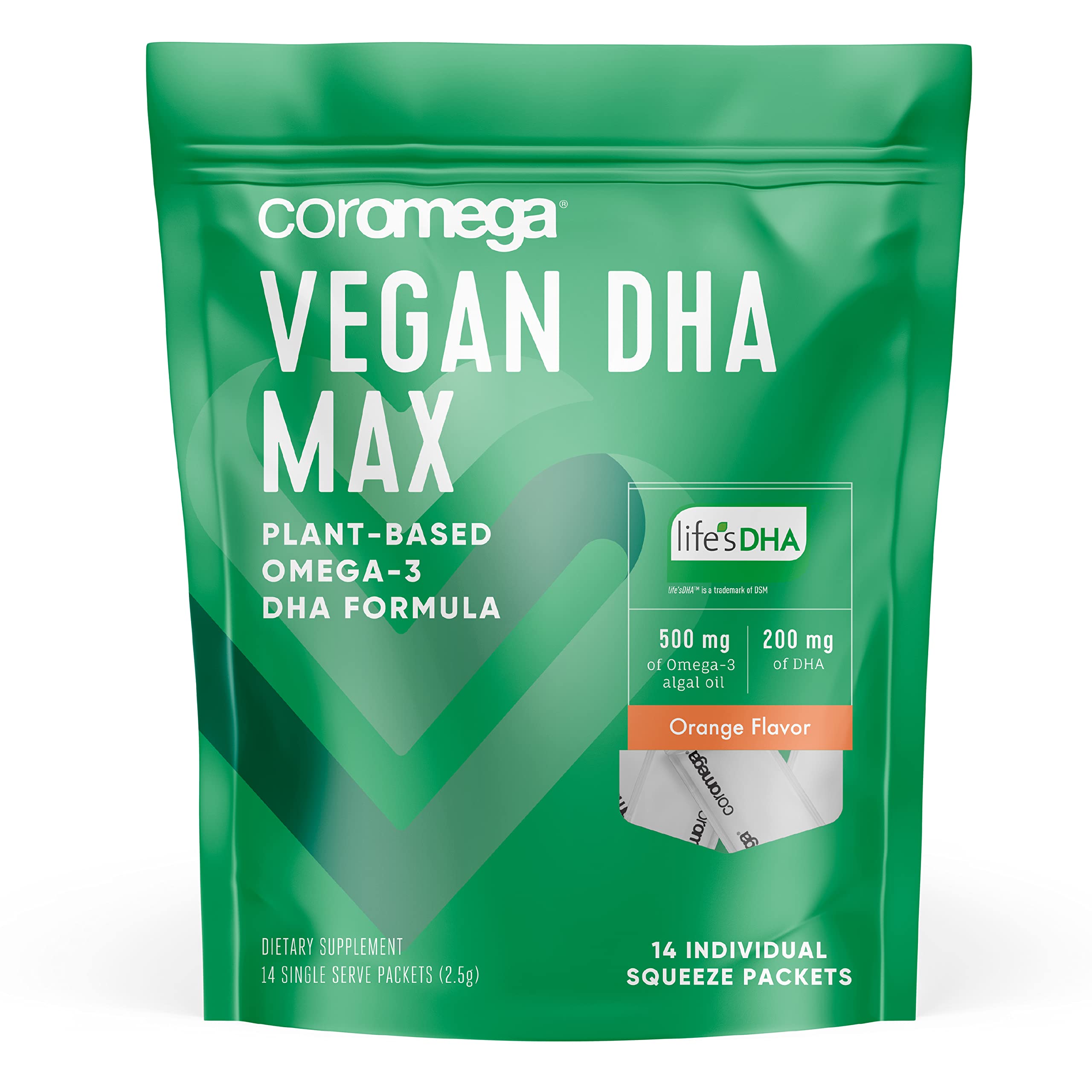 Coromega Vegan DHA, Plant-Based Omega-3 Algal Oil, Heart, Eye, Immune & Brain Health, Orange Flavor, 14 Ct