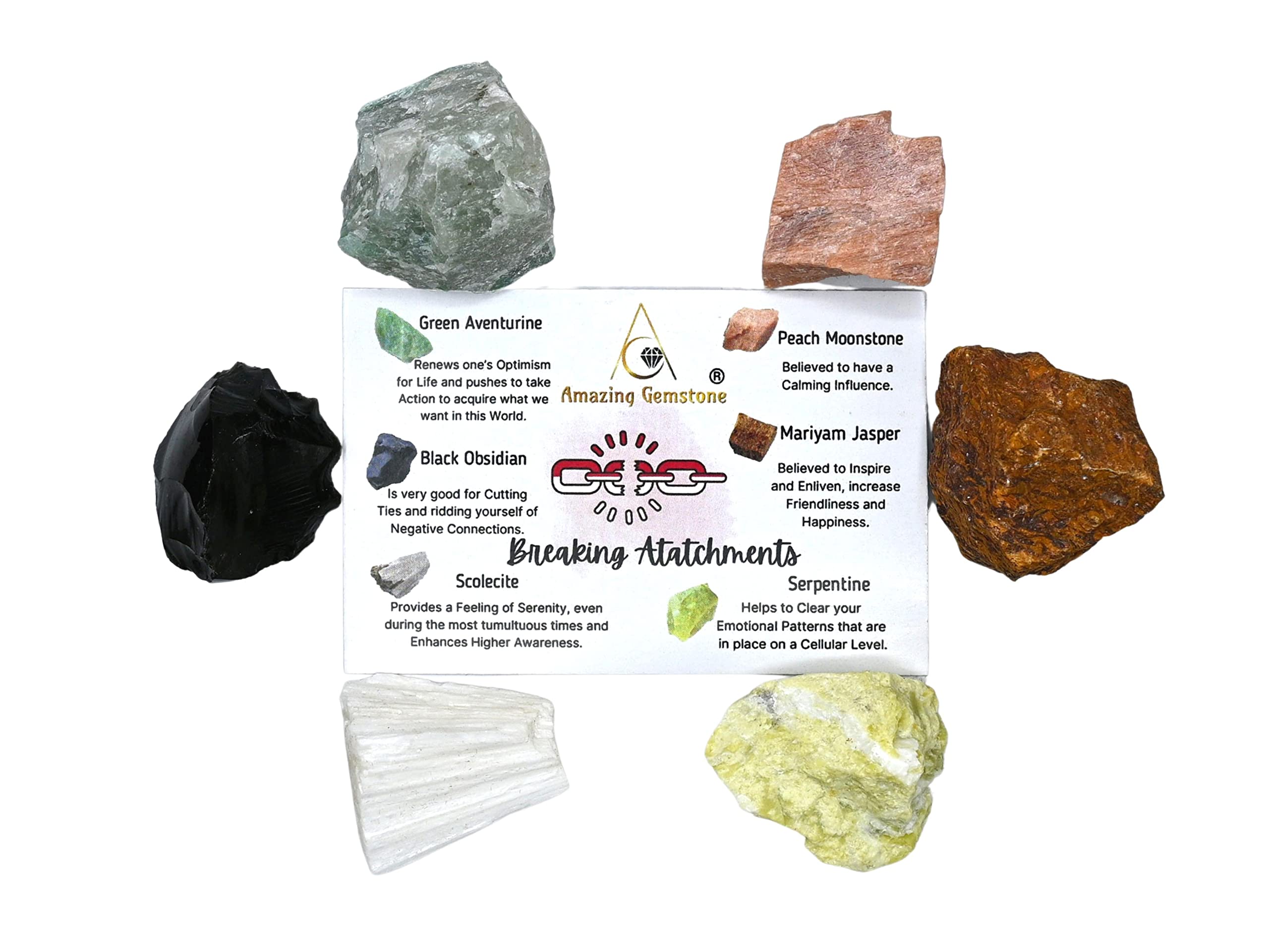 Crystals for Breaking Attachments Manifestation, Set of 6 Green Aventurine, Black Obsidian, Scolecite, Peach Moonstone, Mariyam