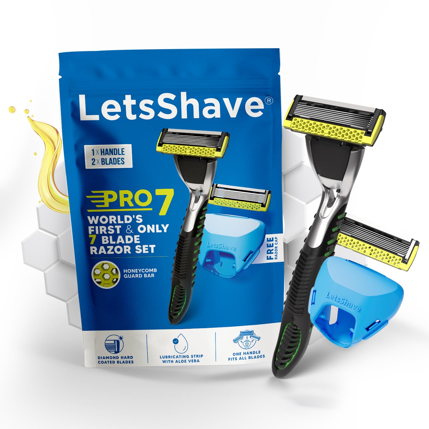 Letsshave Pro 7 Max Shaving Razor For Men | 1 Handle, 2 Refills & Cap | WorldS First 7BladeRazor With Honeycomb Bar | Smooth 
