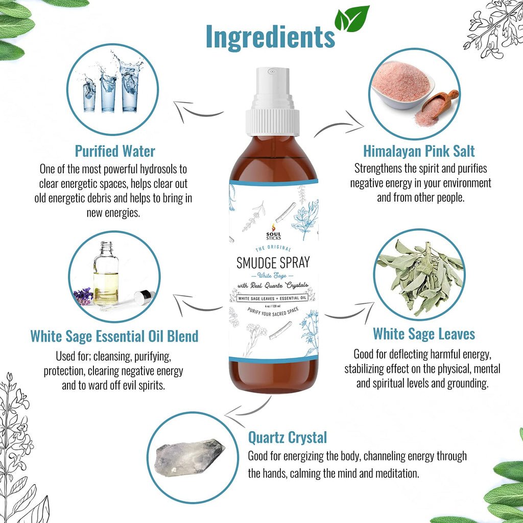SOUL STICKS White Sage with Pearl Smudge Spray - 3.5oz Smokeless Energy Mist - Quartz Crystal & Pearl Infused Aura Cleanser - Sp