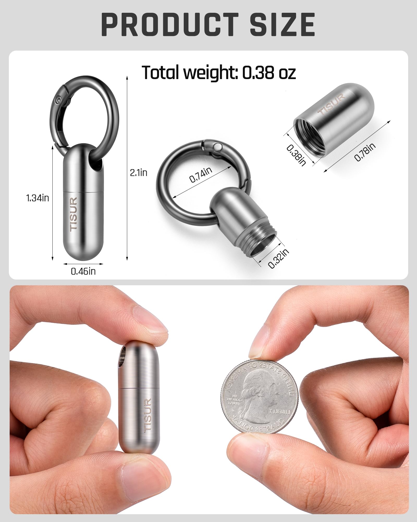 TISUR Micro Keychain Pill Holder, Titanium Pill Case Waterproof Pill Fob for Emergency Aspirin & Nitroglycerin for Travel Purse