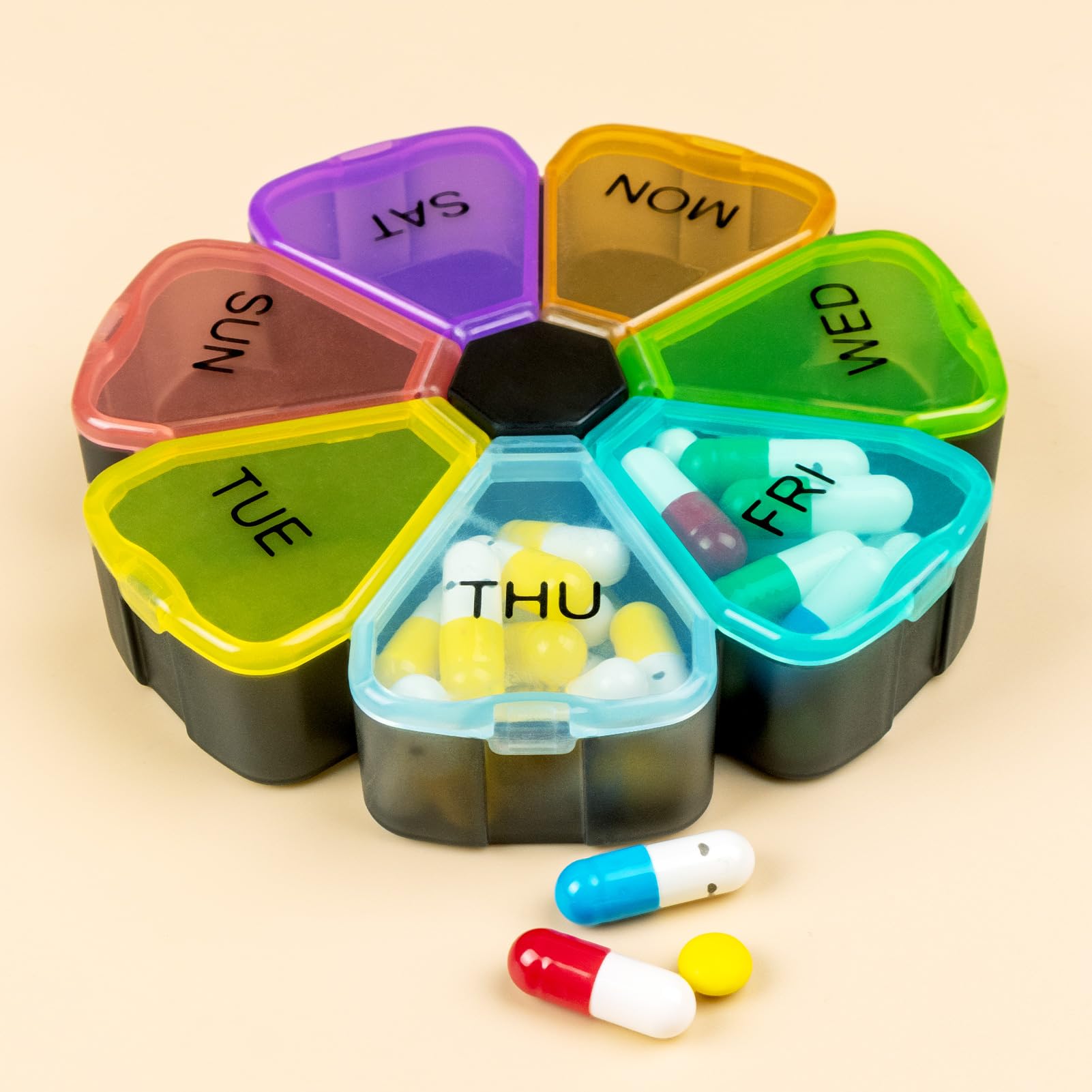 7 Day Pill Case for Medication, Vitamins, Fish Oils, Supplements, Travel Pill Box (Black Rainbow)