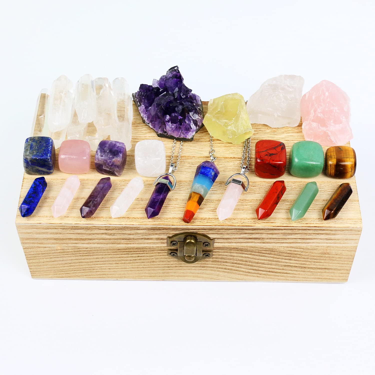 Nvzi Healing Crystals and Stones Kit in Box, Chakra Crystal Set, Amethyst Crystal, Rose Quartz, Citrine, Clear Quartz Wands, Red