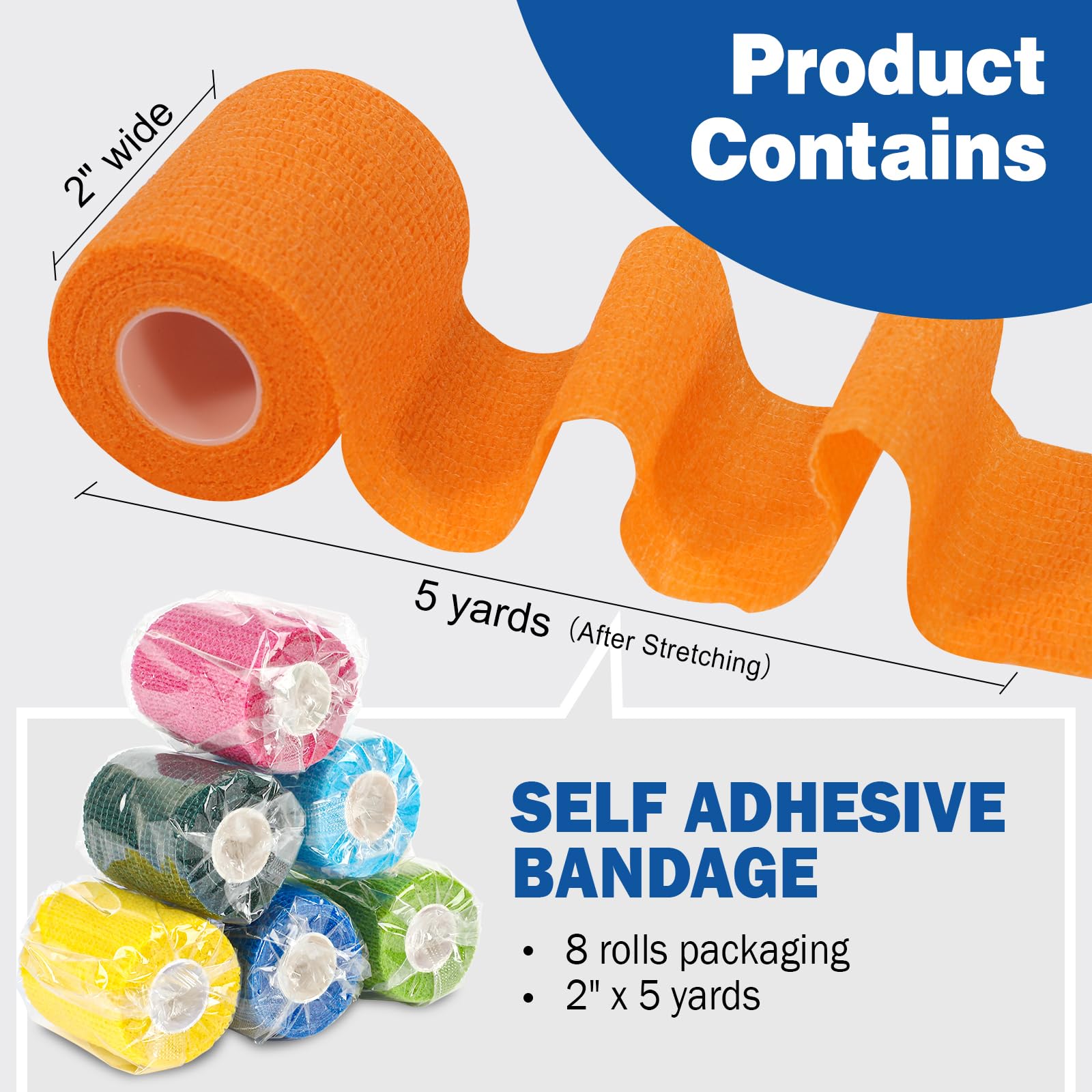AZEN 8 Pack Self Adhesive Bandage Wrap, 2 X 5 Yards Elastic Cohesive Bandage Wrap, Color Athletic Tape, Vet Wrap, Ankle Tape, Ta